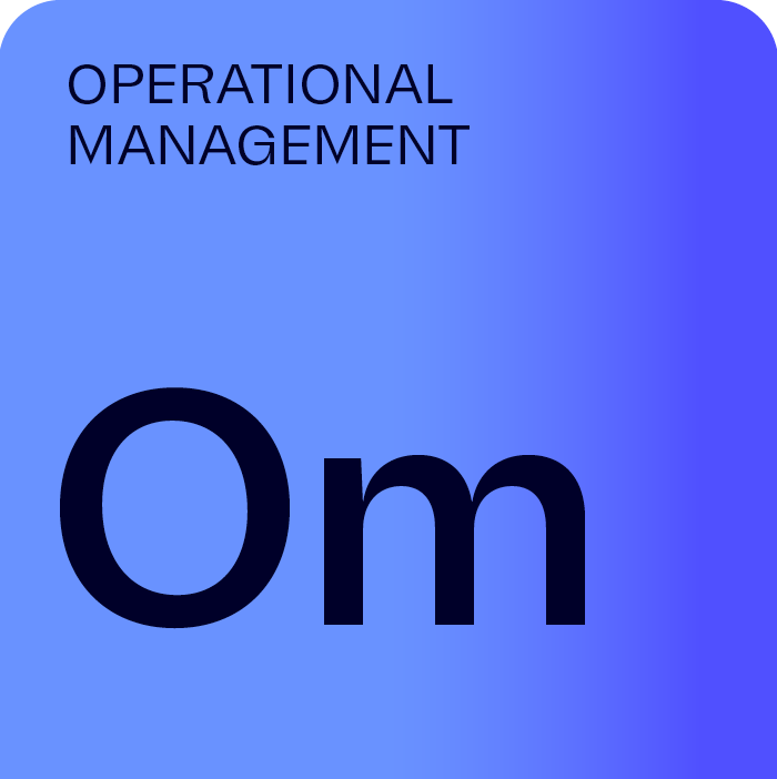 Blue tab, like a periodic table entry labelled with Om, meaning Operational Management.