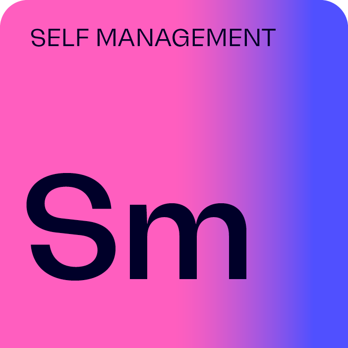 Pink tab, like a periodic table entry labelled with Sm, meaning Self-Management.