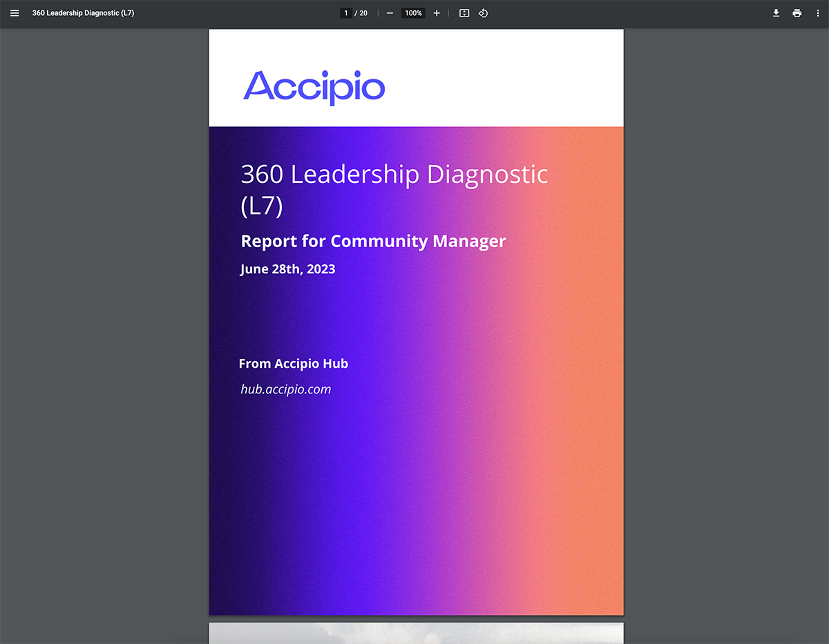 Front page of a report produced following a Leadership Diagnostic.